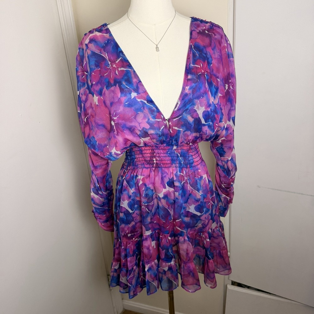 MISA Los Angeles Dress Sz S Chiara Mini Watercolor Blues Floral Long Sleeve Mini